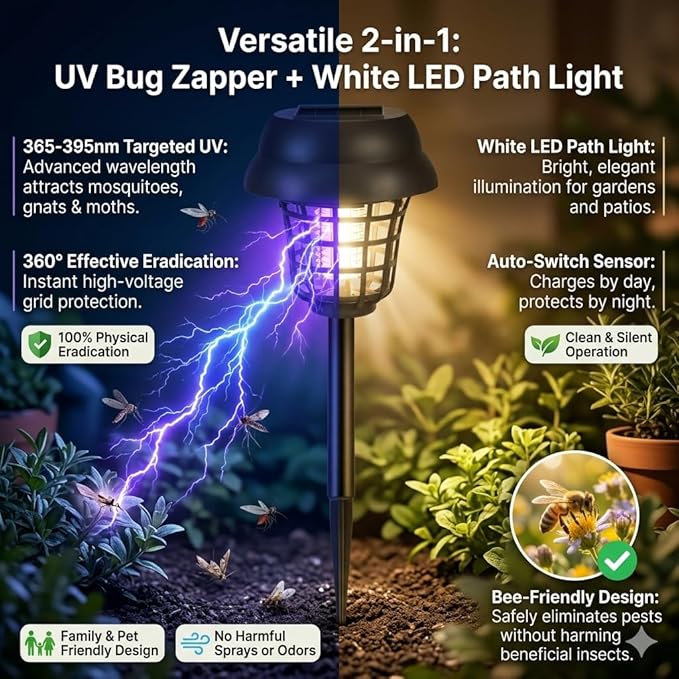 4 Pack Upgraded Solar Bug Zapper Outdoor Waterproof Mosquito Repellent Outdoor Patio Mosquito Trap & Killer for Moths, Gnats, Flies, Small Flying Insect, Fly Zapper Solar Powered for Garden,Backyard