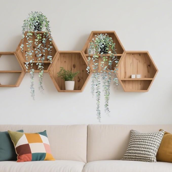 Clearain 1pcs Fake Hanging Plants, Artificial Small Potted Plants, Mini Faux Succulent Plant for Indoor Outdoor Aesthetic Office Living Room Shelf Home Decor (Eucalyptus leaves-1pcs)