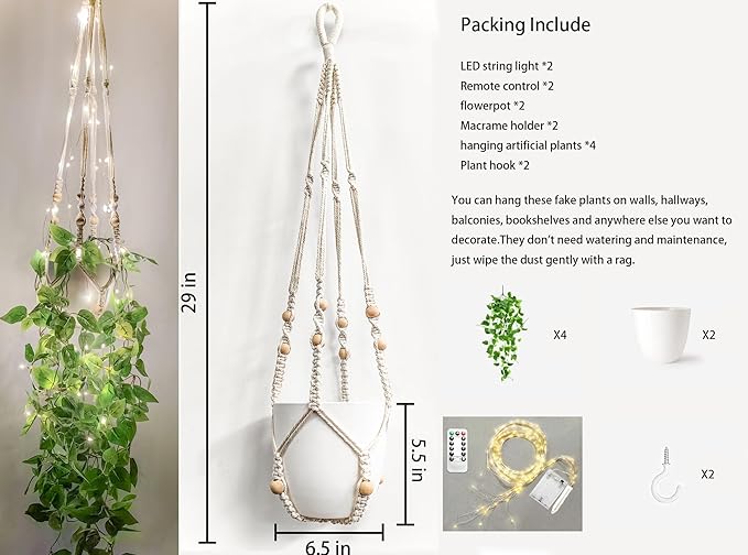 2 Packs Fake Hanging Plant with lights Artificial Plants with Pots for Home Decor Macrame Plant Hanger with Faux Vines Greenery for Bedroom Bathroom Room Ceiling Wall Boho Decor Indoor Outdoor