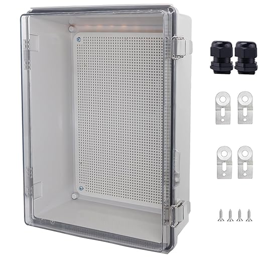 Waterproof Junction Box, ABS Plastic Electrical Box with Stainless Steel Latch, Hinged Cover Electric Project Enclosure Box with Mounting Plate, Wall Brackets,Clear 14.6" x10.6''x5.9''