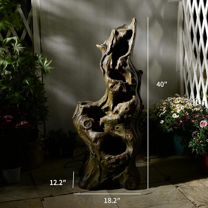 Sunlinua Water Fountain Outdoor 5-Tiers Large Cascading Realistic Tree Trunk Natural Waterfall Outdoor Fountains Resin Imitation Wood with LED Lights for Garden, Patio, Porch