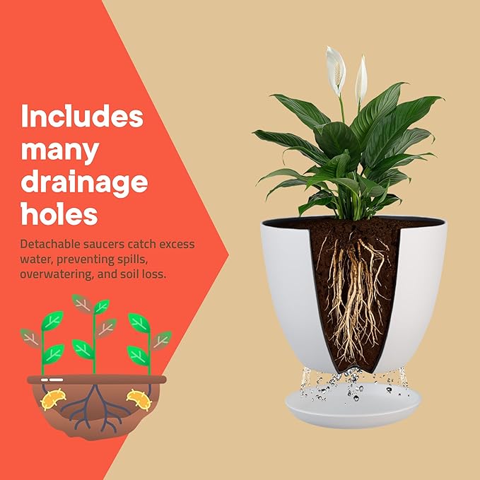Campior Plastic Plant Pots with Drainage - Home Decor Flower Pot, Stackable Design for Indoor and Outdoor Use, Lightweight and Sturdy, Space-Saving, (7”, 6.6”, 6”, 5.3”, 4.8” Inches), Pack of 5, White
