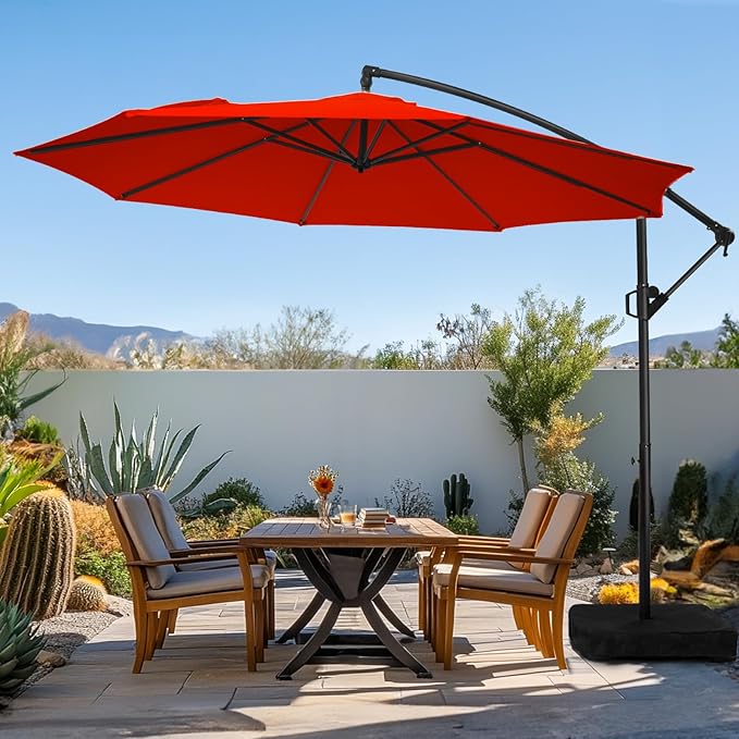 wikiwiki 10ft Patio Umbrella with Base Included, Outdoor Offset Cantilever Umbrella, Infinite Tilt, Crank and Cross Base, Orange Red