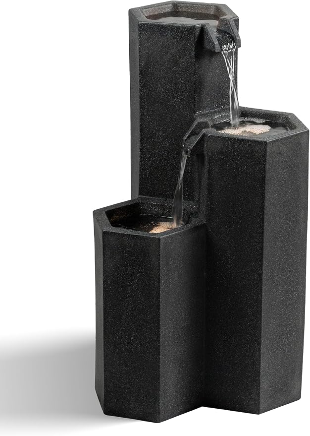 27.95“” H 3-Tiers Cascading Outdoor Water Fountain Made with Eco-Friendly Recyclable Materials, Polyethylene Waterfall Fountain, Outdoor Decor with LED Lights for Patio, Backyard