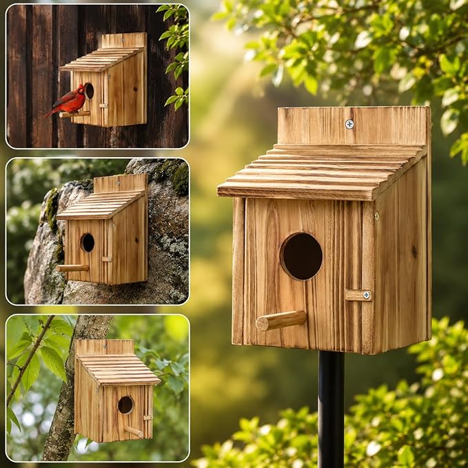 NATUREYLWL Wooden Bird House for Outside, Hanging Natural Wood Birdhouse with Perch, 1.57" Entrance & Side Clean-Out Door for Bluebirds, Wrens and Finches, Garden Decor