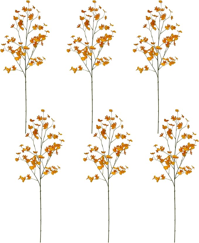 6 PCS Long 36" Artificial Flower Dancing Orchid Stems w Stretching Branches Design & Fake Silk Petals for Indoor Home Decoration Shop Office Decor Floral Arrangement Living Room Garden Party (Orange)