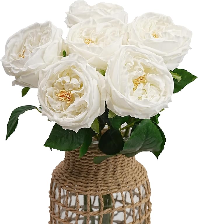 Jahe 6Pcs Fake Austin Flowers David Austin Roses, 17'' Faux Peonies for Flower Arrangements, Home Decor Peony Artificial Flowers, Living Room Decoration Vivid Roses Peonies, White