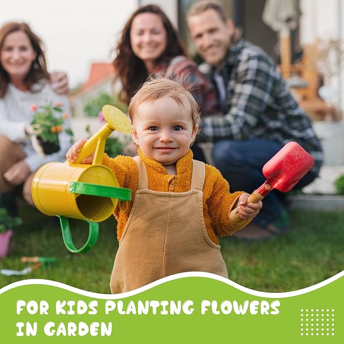 Tarpop 9 Pcs Kids Gardening Tools Set, Metal Kids Yard Tools with Sturdy Wooden Handle Safe Children Beach Sandbox Toy Sand Play Kit for Flower Soil Planting Loosening Digging, Trowel, Rake, Shovel