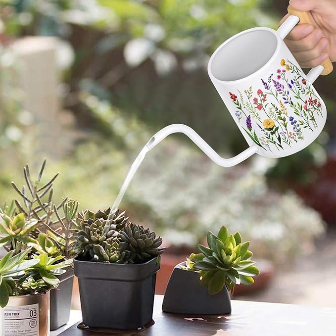 Watering Can Indoor Plants, 35 oz/1000 ml Metal Stainless Steel Watering Can Pot with Long Spout for Indoor House Plants Bonsai Outdoor Garden Flower Decorative White Flowers