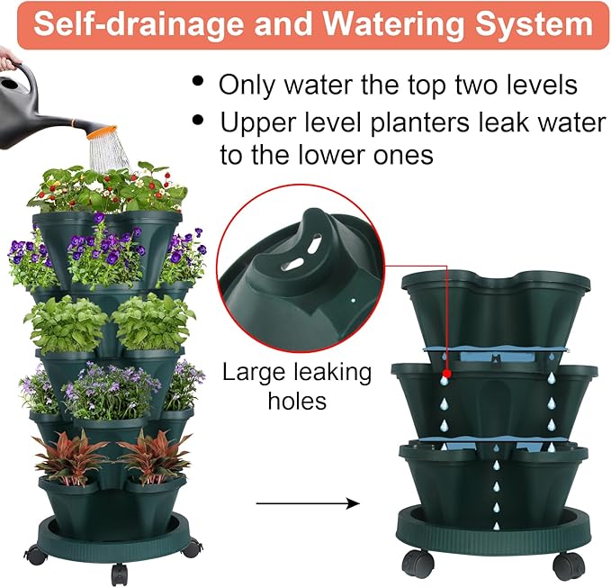 GameXcel Vertical Planter Tower - 5 Tier Stackable Garden Planters with Wheels and Tools Plant Pots for Strawberry Herb Flower and Vegetable Indoor Outdoor Use Green