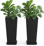 FENCY Set of 2 Tall Planters for Outdoor Plants, 24 Inch Large Tapered Pots with Drainage Trays, Weather-Resistant Plastic Plant Containers for Patio, Porch, Garden, Front Door Decor,Black