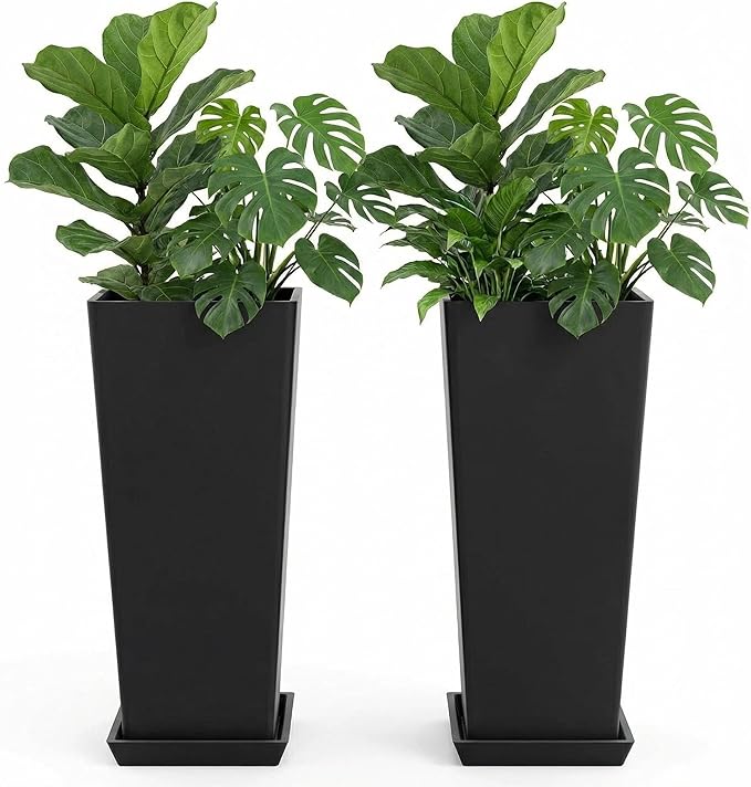 FENCY Set of 2 Tall Planters for Outdoor Plants, 24 Inch Large Tapered Pots with Drainage Trays, Weather-Resistant Plastic Plant Containers for Patio, Porch, Garden, Front Door Decor,Black