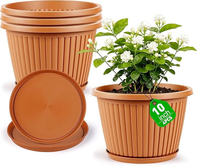 Myfeegoin Planter-Pots-for-Plants-Indoor-Outdoor, 4 Pack 10 Inch Plastic Flower Pots with Saucer & Drainage Holes, Modern Garden Planters for Planting Medium Large Plants，Decorative Resin Garden Pots
