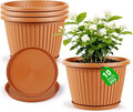 Myfeegoin Planter-Pots-for-Plants-Indoor-Outdoor, 4 Pack 10 Inch Plastic Flower Pots with Saucer & Drainage Holes, Modern Garden Planters for Planting Medium Large Plants，Decorative Resin Garden Pots