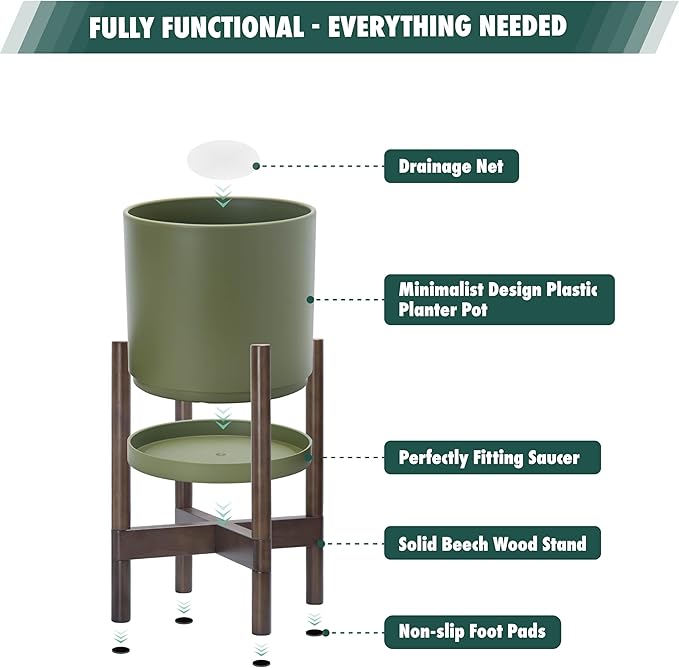 D'vine Dev Planter Pot with Stand - 14 Inch Plastic Cylinder Flower Pot with Wood Planter Holder for Indoor, Olive Pot + Walnut Color Stand, 55-C-R-4