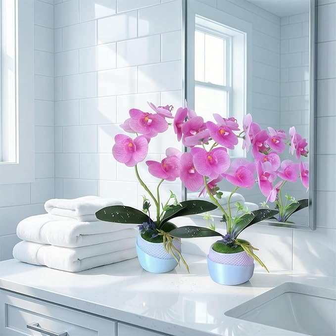 Artificial Orchid with 3D Printed Vase, Lifelike Fake Phalaenopsis Orchid Flowers, Realistic Silk Orchids for Home Decor Living Room (Light Purple)