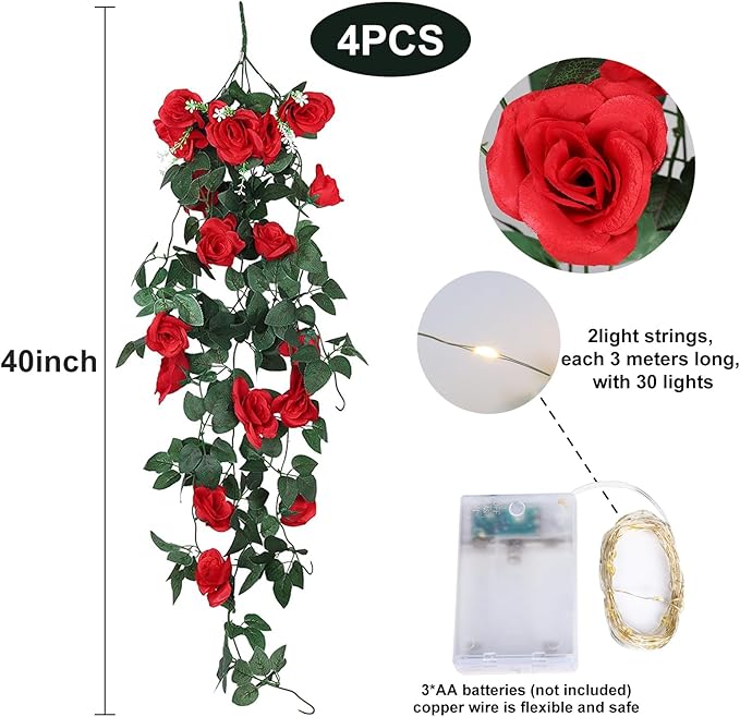 RECUTMS Hanging Rose Flowers Artificial Vines for Outdoors with 30 LED Fairy String Lights Indoor Home Garden Wall Wedding Valentines Day Decorations Rose (Red)