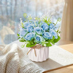 Artificial Flowers Fake Roses with Small Ceramic Vase - Desktop Decoration for Dining Tables, Living Rooms, Bedrooms, Offices for Weddings, Birthdays, Home Decor (Blue)