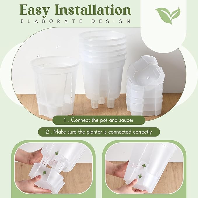 Wonderjune Self Watering Pots for Indoor Plants with Deep Reservoir and High Drainage Holes for Outdoor Plants and Flowers, Bare Root Planter(8.27'',Clear,6 Pcs)