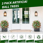 2 Pack 24" White Red Faux Topiary Ball Trees with Spikes, UV Resistant Artificial Boxwood Plants with Flowers, Fake Shrubs for Spring Outdoor Planters, Front Porch Garden Decor