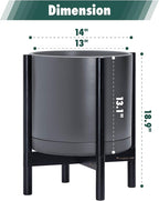 D'vine Dev Ceramic Planter with Ebony Stand - 14 Inch Modern Round Flower Pot with Wood Planter Holder, Grey, 55-B-S-3