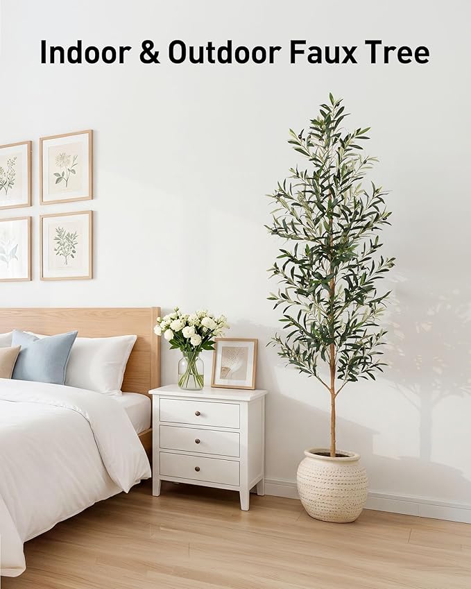 FLOWORLD 7FT Olive Trees Artificial Indoor, Tall Faux Olive Tree 7FT (84in) with Natural Wood Trunk & Realistic Olives, Stable Base, Pet Friendly Artificial Plant for Home Office, Living Room, Outdoor