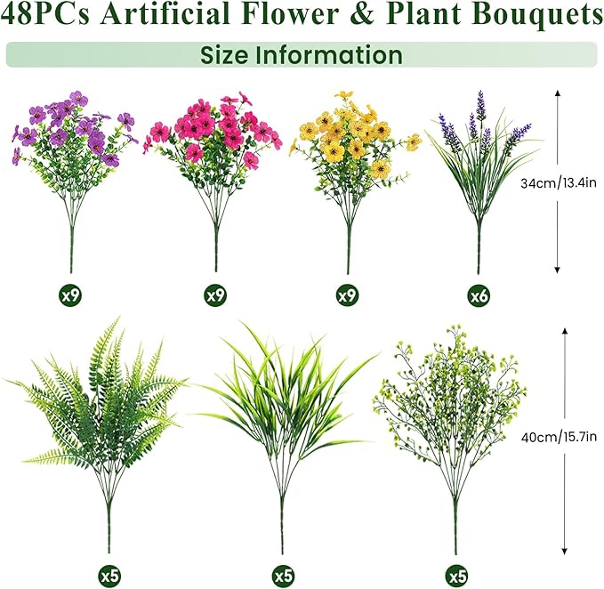 Alupssuc 48 Bundles Artificial Flowers for Outdoors Planters Spring Decoration, UV Resistant Faux Eucalyptus Violet and Lavender Silk Fake Plants for Outside Indoor Yard Home Patio Decor, Mix 3 Colors