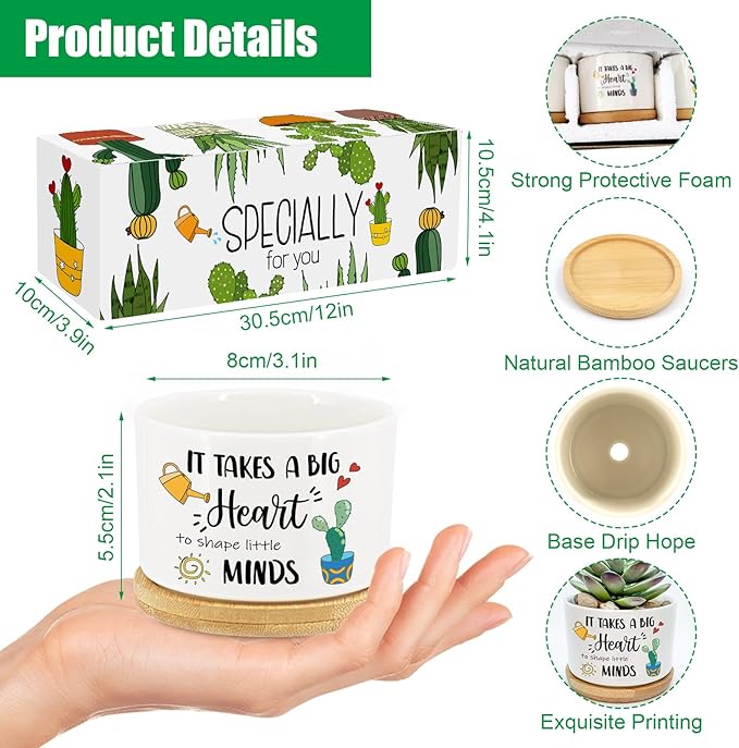 3Pcs Teacher Appreciation Gift Succulent Pots Mini Ceramic Plant Pot with Bamboo Tray Pots Planters for Best Teacher Thank You for Helping Me Grow for Graduation Birthday Plants Not Included