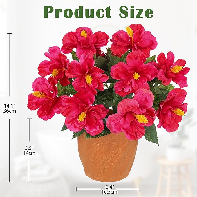 Briful Artificial Hibiscus Flowers in Pot, 14.1" Faux Tropical Flower Plant for Outdoor Porch, Potted Hot Pink Hibiscus Tabletop Decor for Living Room, Dining Table, Office, Indoor Home Décor