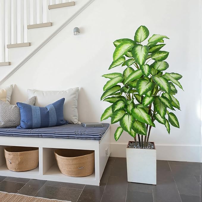 Artificial Golden Dieffenbachia 4ft Tall Artificial Plants Indoor Decorative Silk Plants Potted Faux Tropical Tree Lifelike House Floor Large Fake Tree for Home Living Room