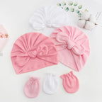 BQUBO Baby Turban Hats and Mittens Set Newborn Infant Hospital Hats Caps with Bows for Baby Boys Girls 0-12 Months