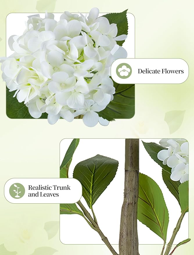 BLOSMON White Hydrangea Artificial Trees: 5ft Real Touch Faux Hydrangeas Flower Tree with Pot for Front Porch Planters Decoration Outdoor - Fake Silk Floral Plant for Home Patio Entrance Decor Indoor
