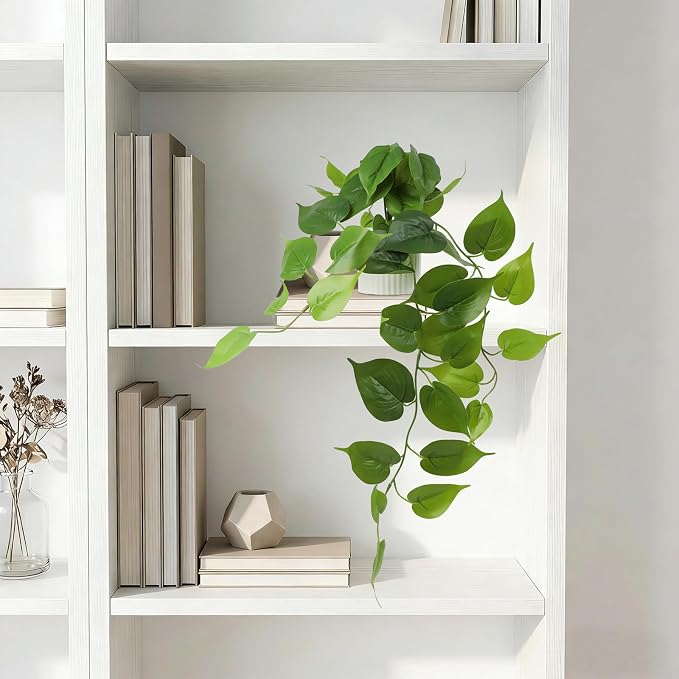 Fake Pothos Hanging Plant – Artificial Plastic Ivy Vines with White Pot, Realistic Faux Greenery for Indoor Home Office Bathroom Shelf Cabinet Decoration