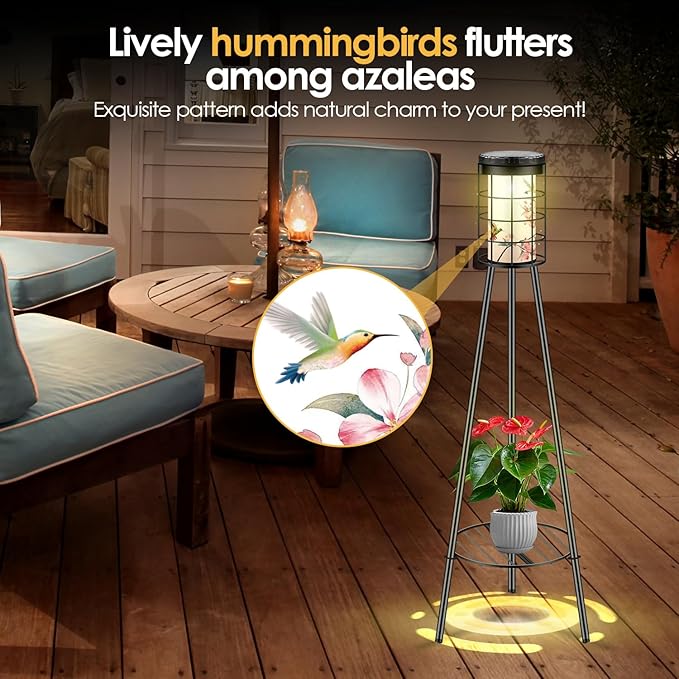 Mothers Day Gifts for Mom Wife Grandma Daughter Friends Sister, 2 Pack Outdoor Solar Floor Lamp with Plant Stand, Hummigbird Print, Solar & USB 2 Way Charging