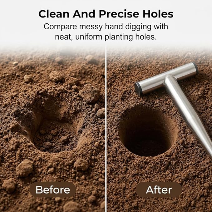 Plant Hole Digger for Planting, 2026 New T Wooden Handle, Seed Planter Tool for Plant Labels, for Self Watering Stakes, Hand Held Bulb Planter for Tulip Daffodil Crocus Garden Tool (L Hollow)