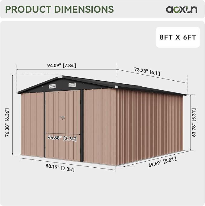 Aoxun 8x6 FT Outdoor Storage Shed Garden Metal Shed with Lockable Door Outdoor Large Shed for Tool, Garbage Can, Bike, Mower, Brown