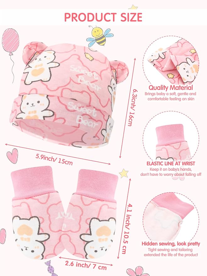 Geyoga 12 Pieces Newborn Hat Mittens Gloves Set Baby Boys Girls Cotton Baby Beanie for 0-12 Months