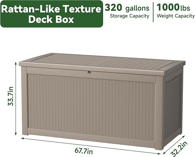 PatioZen 320 Gallon Resin Deck Box, Lockable Patio Outdoor Storage Box for Furniture, Garden Tools and Tools Storage, Waterproof Outside Storage Boxes - Grey