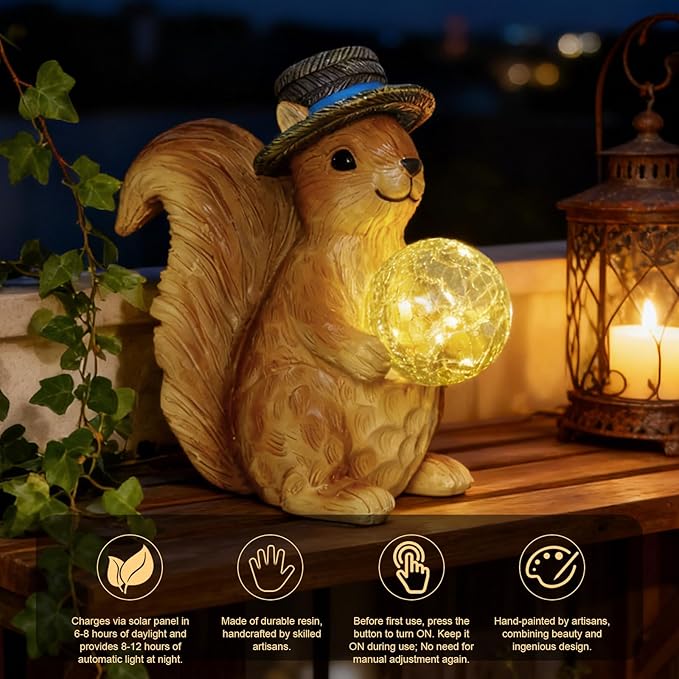 Solar Squirrel Figurine Garden Decor with LED Glowing Ball, Outdoor Statues Decorations for Yard, Patio, Lawn - Unique Gifts for Women Mom Grandma