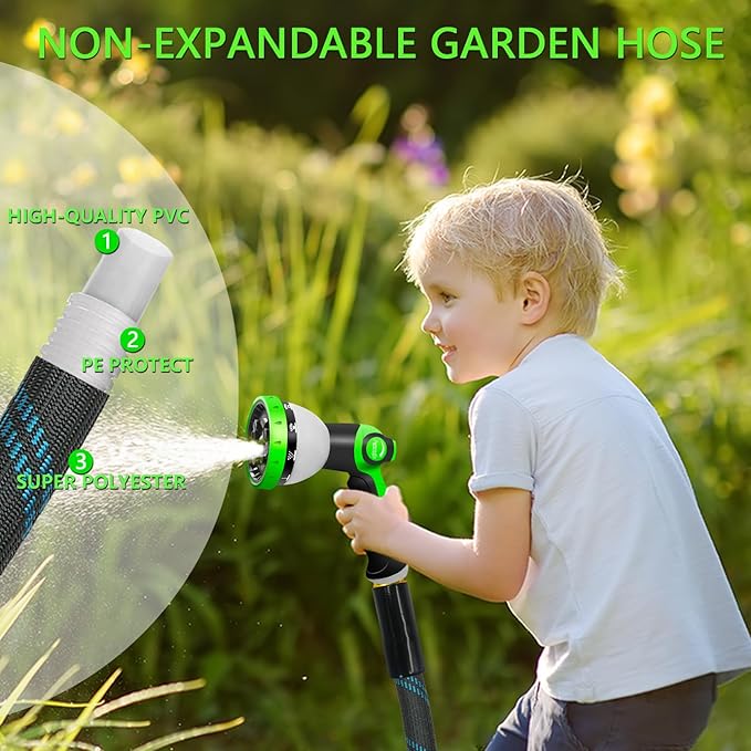 Garden Hose 75 FT, NON-EXPANDABLE Heavy-Duty Flexible & Lightweight Water Hose with 10-Function Nozzle, No-Kink, Leak-Proof Super Fabric, Solid Fittings for Lawn, Car, Outdoor (Black Blue)