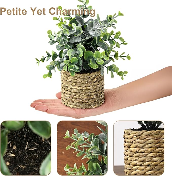 Small Fake Potted Plants: 9 Inches Artificial Plants with Seagrass Handwoven Planters, Indoor Farmhouse Decorations, Eucalyptus Plant for Home Bathroom Office Shelf Tabletop Desk Room Decor