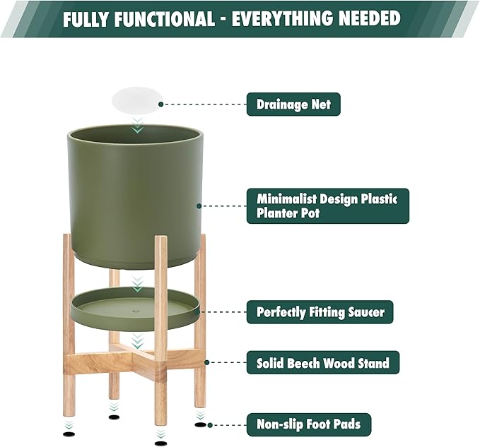 D'vine Dev Planter Pot with Stand - 16 Inch Plastic Cylinder Flower Pot with Wood Planter Holder for Indoor, Olive Pot + Natural Stand, 55-C-Y-3