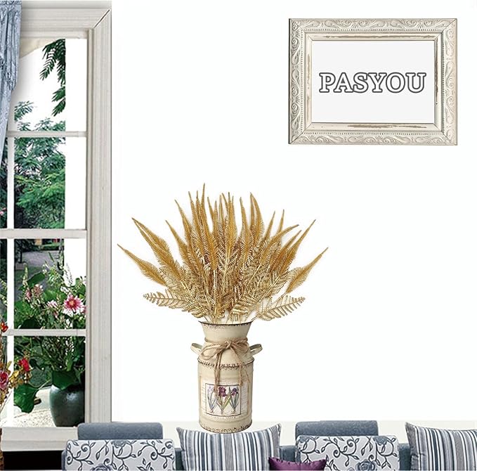 PASYOU Artificial Golden Plants Decoration, Fake Shrubs Plastic Leaves Faux Plant for Indoor Outdoor Home Garden Party Verandah Wedding DIY Christmas Decor Gold Foliage Tail Grass Bundles - 3 Pack