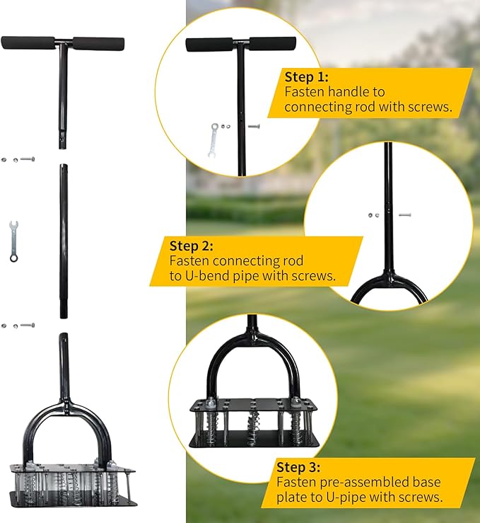 Lawn Aerator, 15x3 Solid Steel Tines for Efficient Aeration, Dual-Spring Auto-Clean to Prevent Clogging, 38" Ergonomic T-Handle & Wide Foot Pedal Used for Courtyard,Garden,Patio