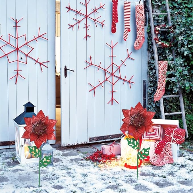 YEAHOME Outdoor Christmas Decorations, Set of 2 Poinsettia Flower Decorative Garden Stakes for Christmas Decor, Metal Red Flowers Xmas Decorations for Outside Garden Yard Lawn Porch