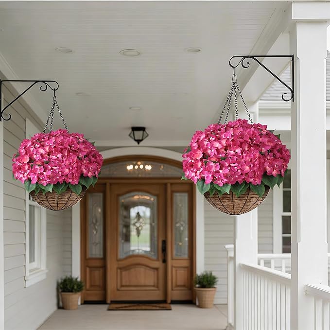 FOTEEWL 16 Bundles Artificial Hydrangea Flowers for Outdoor Decor, Realistic Faux Silk Bouquets Sun-Resistant Fake Plants for Front Door Balcony Farmhouse Garden Home Spring Summer Decor (Rose Red)