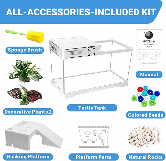 GOZILLA Turtle Tank, Upgrade PC Turtle Tank Starter Kit, Reptile Habitat with Lid, Basking Platform, Bottom Drainage for Turtles, Crabs, Shrimps and Other Small Reptiles. (15.75x7.9x9''/White)