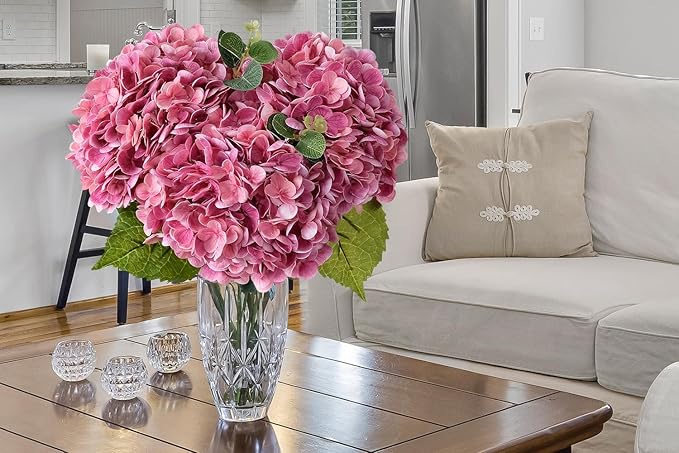 ZYTUYO 3 PCS Magenta Hydrangea Real Touch Artificial Flowers 21'' Latex Large Hydrangea with Long Stems for Wedding Table Centerpieces Indoor Kitchen Spring Home Decor Outdoor Porch