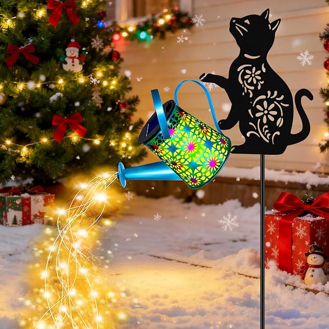 Black Cat Solar Watering_Can Lights, Birthday Gifts for Women Mom Christmas Mother's Day, Yard Decorations Outdoor Waterproof, Blue Metal Hanging Lantern, Solar Lights Garden Decor Patio Pathway
