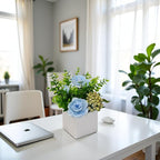 LADADA Artificial Blue Peony Flowers with Eucalyptus and Green Berries in White Square Vase - Fake Floral Arrangement for Home Decor, Table Centerpiece, Bathroom, Office, Wedding, Farmhouse Decor